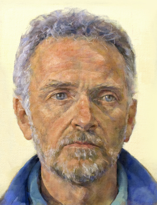 Man in blue shirt painting - oil painting